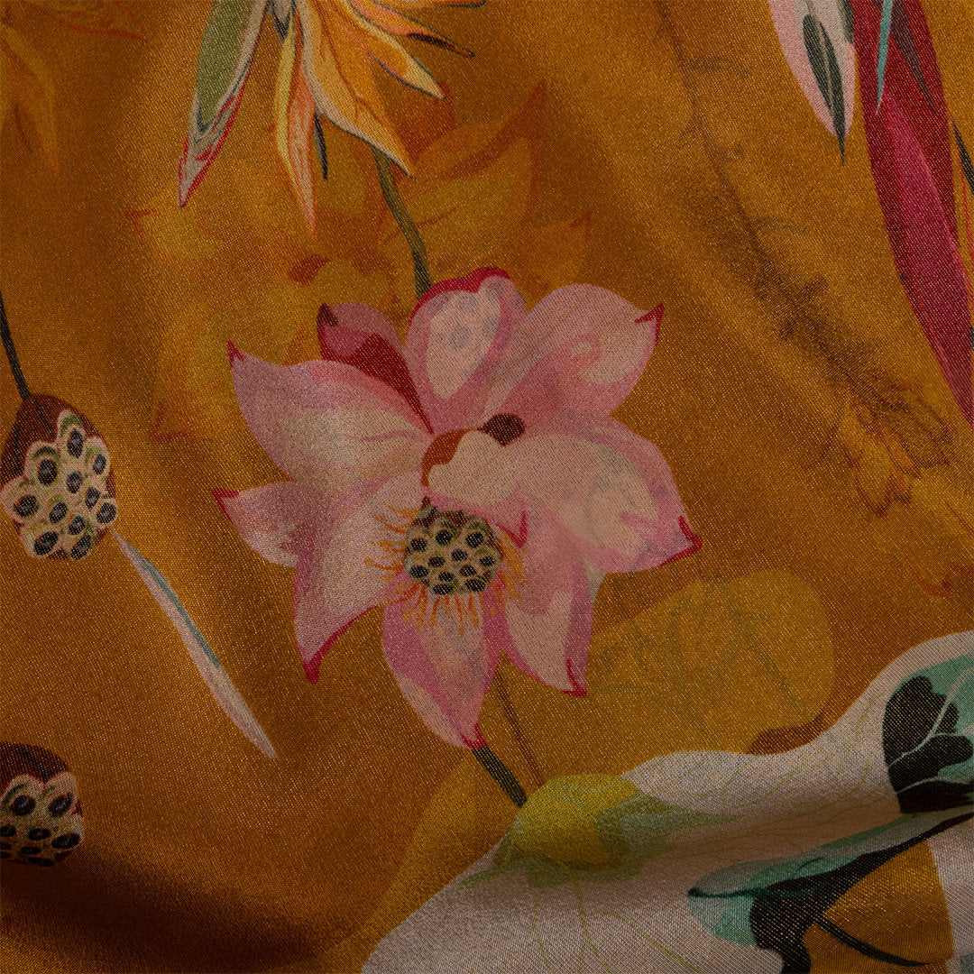 Golden Yellow Digital Printed Floral Tissue Fabric