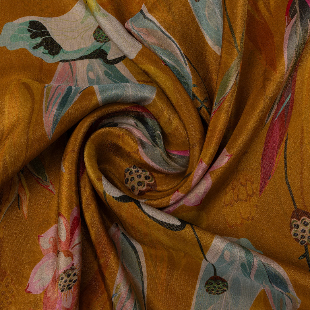 Golden Yellow Digital Printed Floral Tissue Fabric