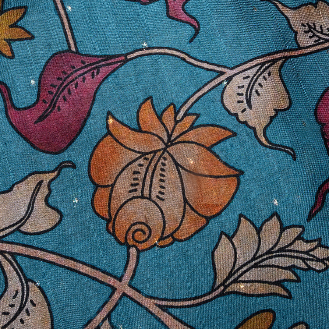 Aqua Blue Digital Printed Tussar Fabric