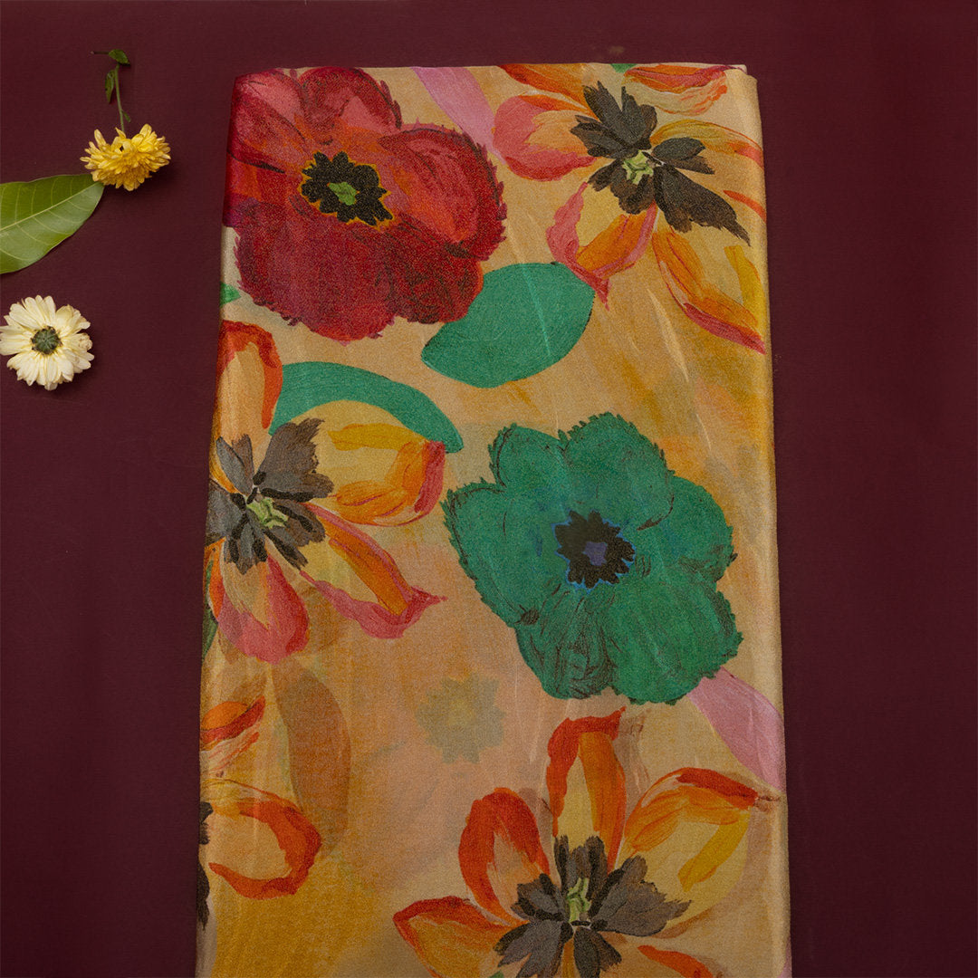 Yellow Multicolour Floral Printed Tissue Fabric