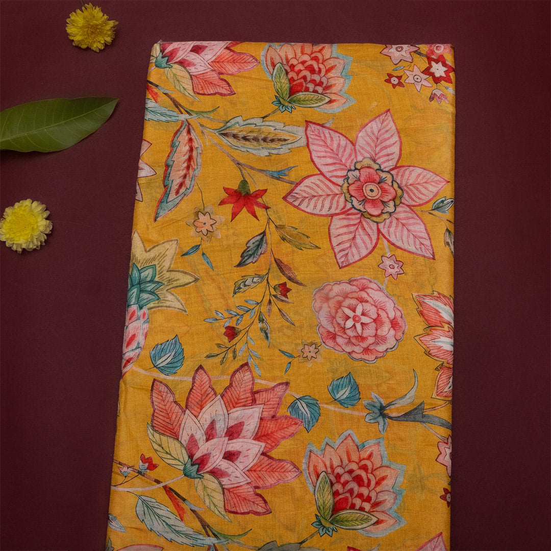 Mustard Yellow Floral Printed Silk Fabric