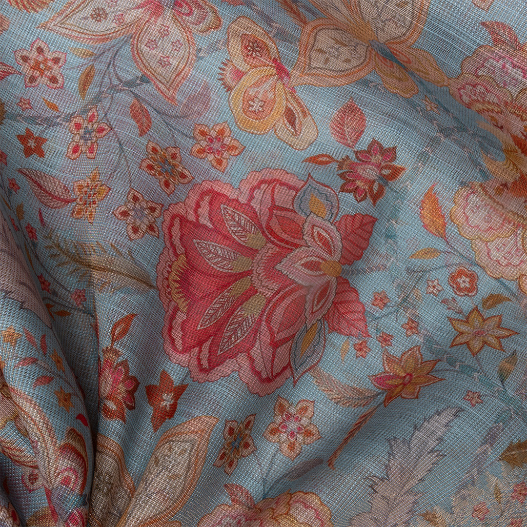 Sky Blue Digital Printed Floral Tissue Fabric