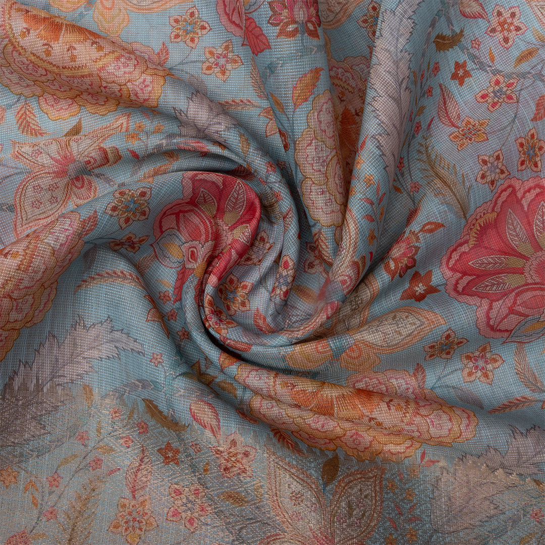 Sky Blue Digital Printed Floral Tissue Fabric