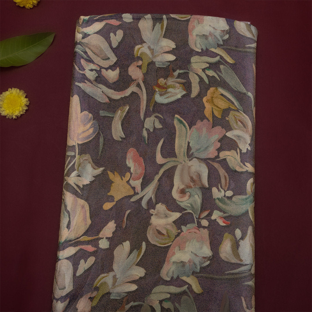 Eggplant Purple Digital Printed Floral Tissue Fabric