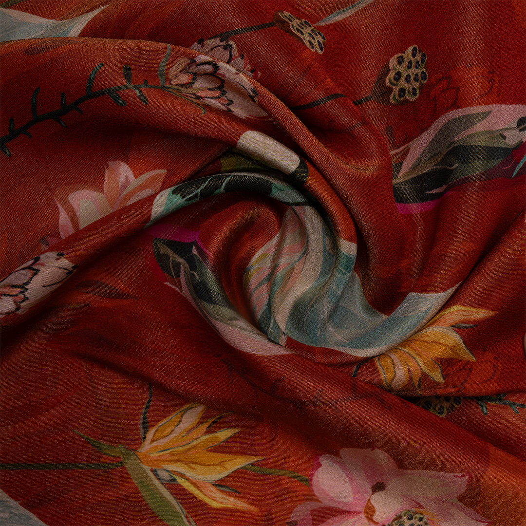 Dark Orange Digital Printed Floral Tissue Fabric