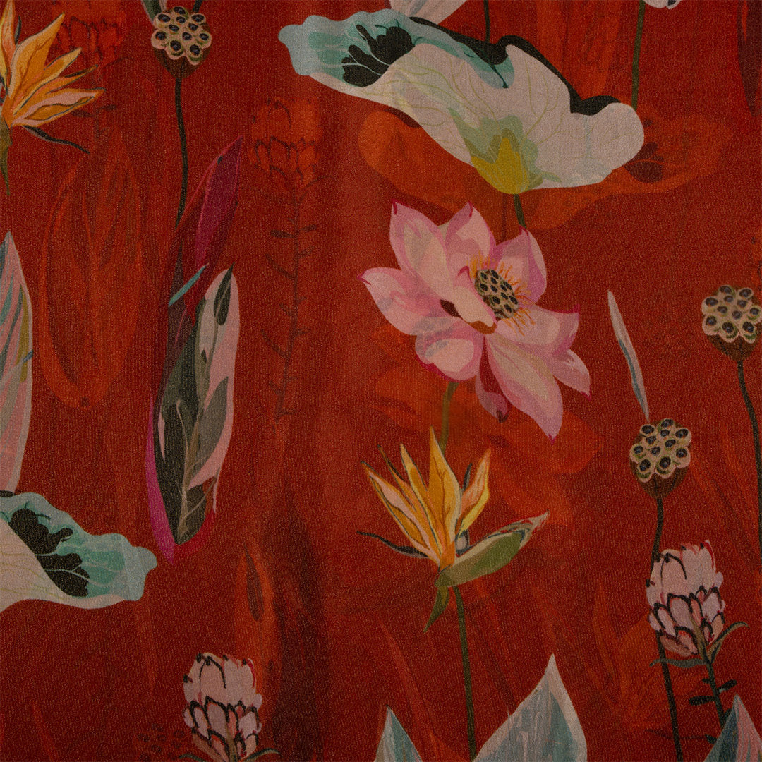 Dark Orange Digital Printed Floral Tissue Fabric