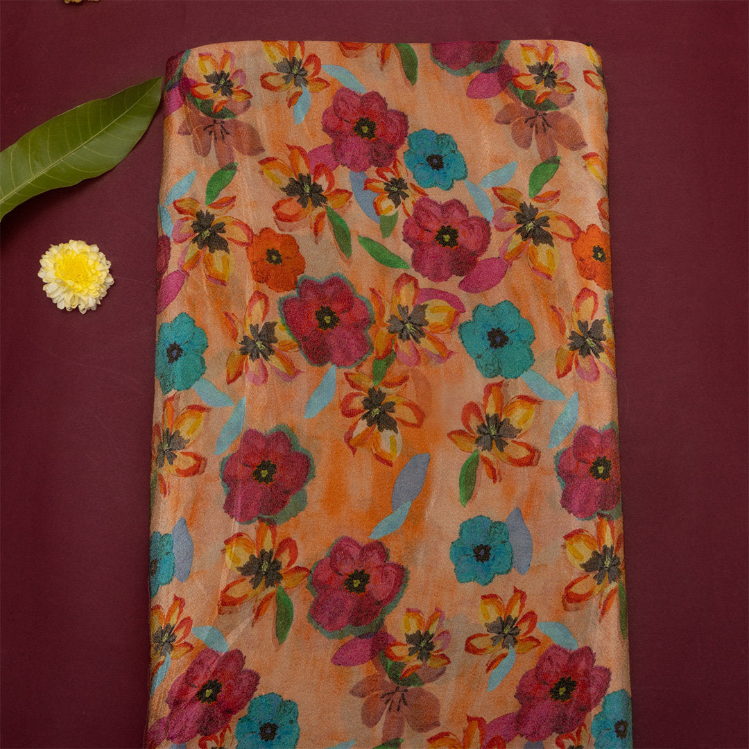 Multicolour Orange Floral Printed Tissue Fabric