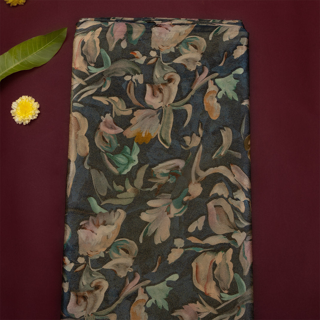 Earthy Forest Green Floral Printed Tissue Fabric