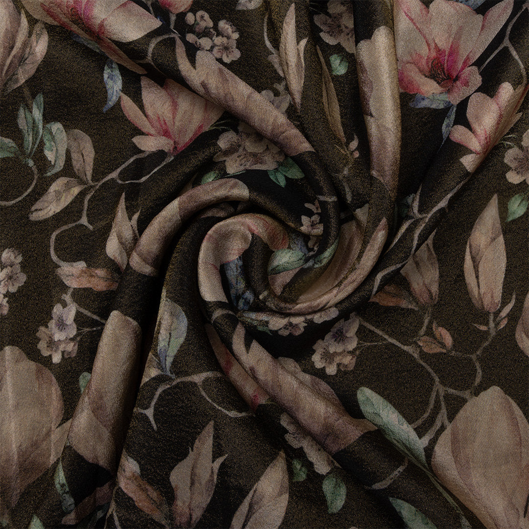 Earthy Green Digital Printed Floral Tissue Fabric