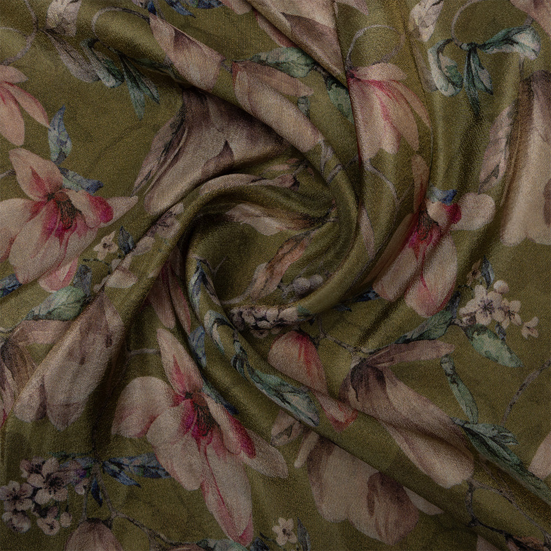 Dusty Green Digital Printed Floral Tissue Fabric