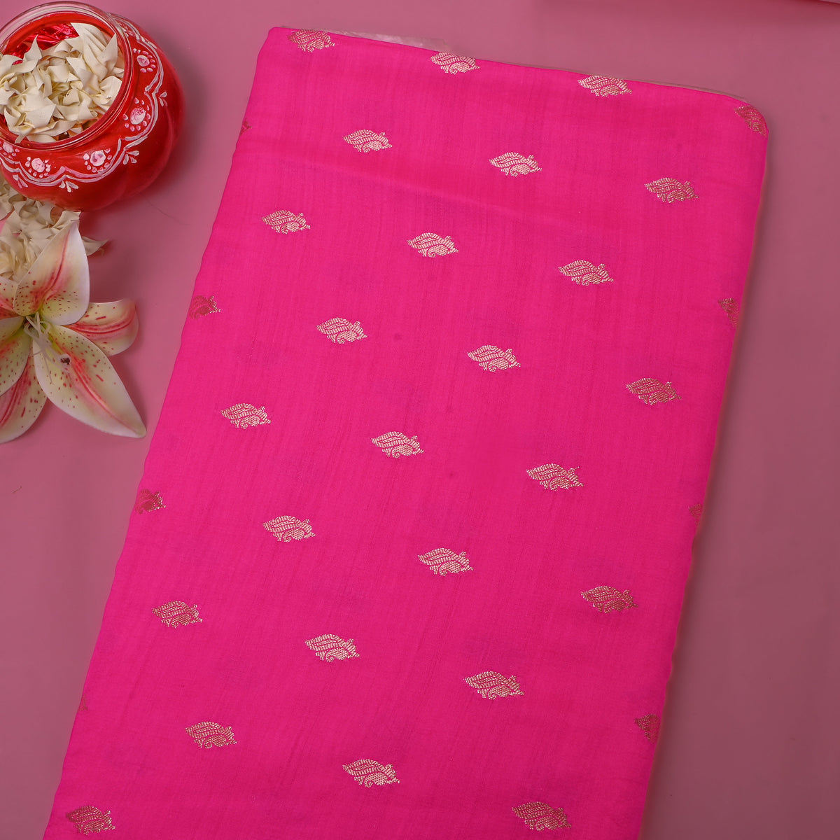 Cerise Gold Zari Paisley Butti Self Weave Jamawar Silk Fabric