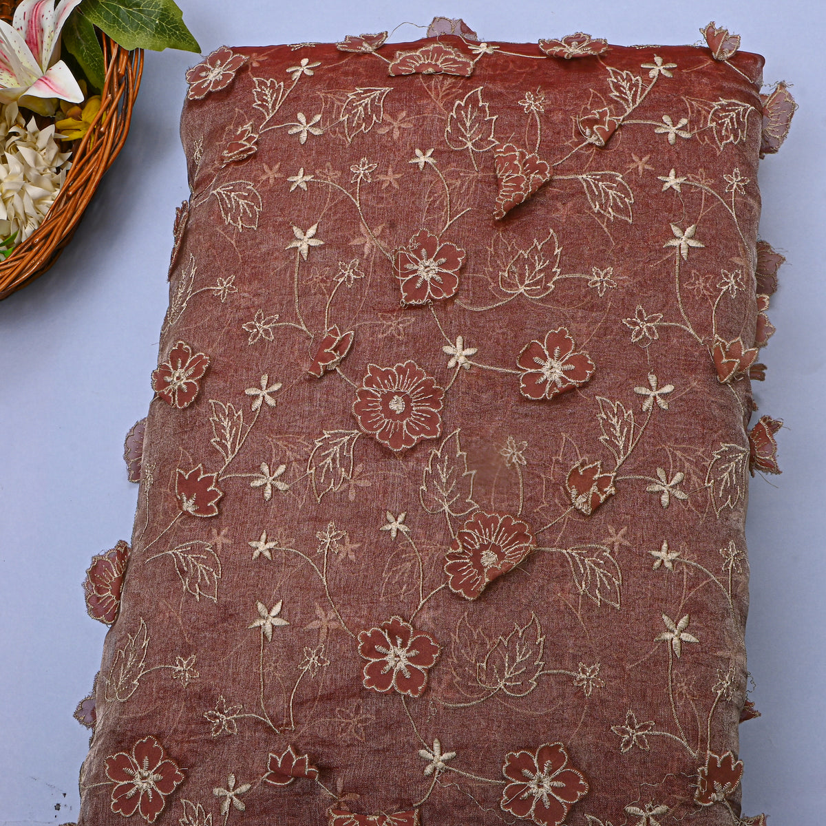 Brown Floral Applique Jaal Tissue Fabric