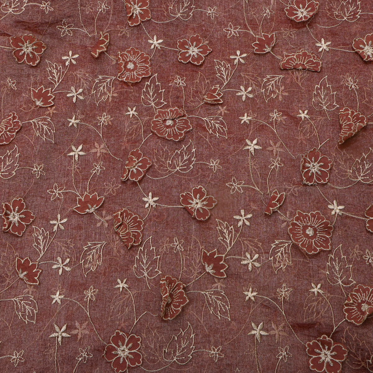 Brown Floral Applique Jaal Tissue Fabric