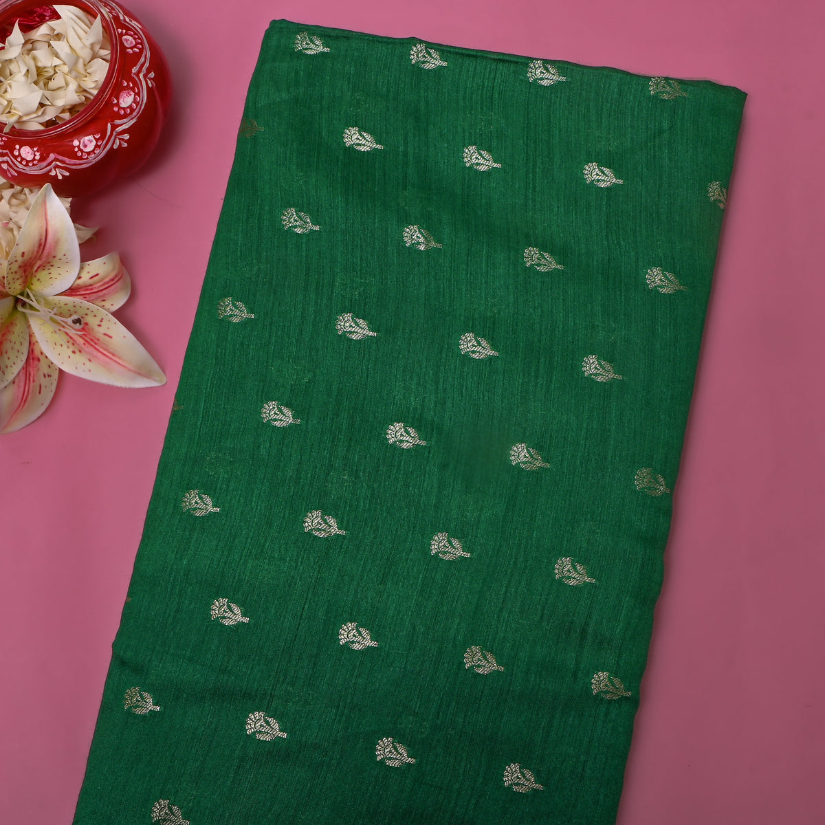 Forest Silver Zari Floral Butti Self Weave Jamawar Silk Fabric