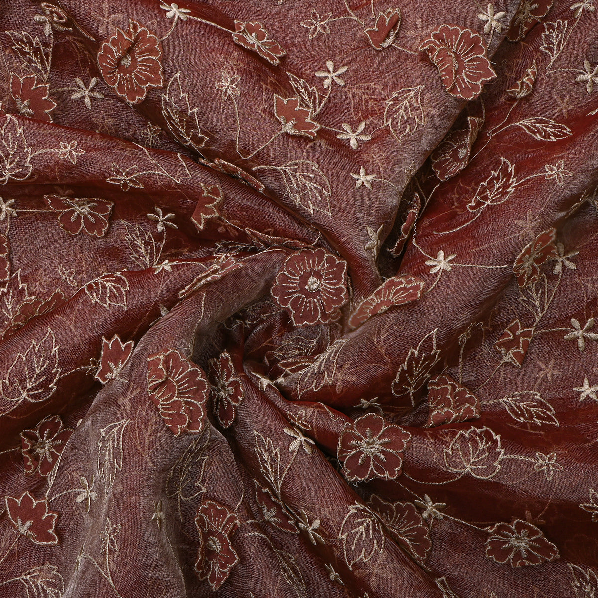 Brown Floral Applique Jaal Tissue Fabric