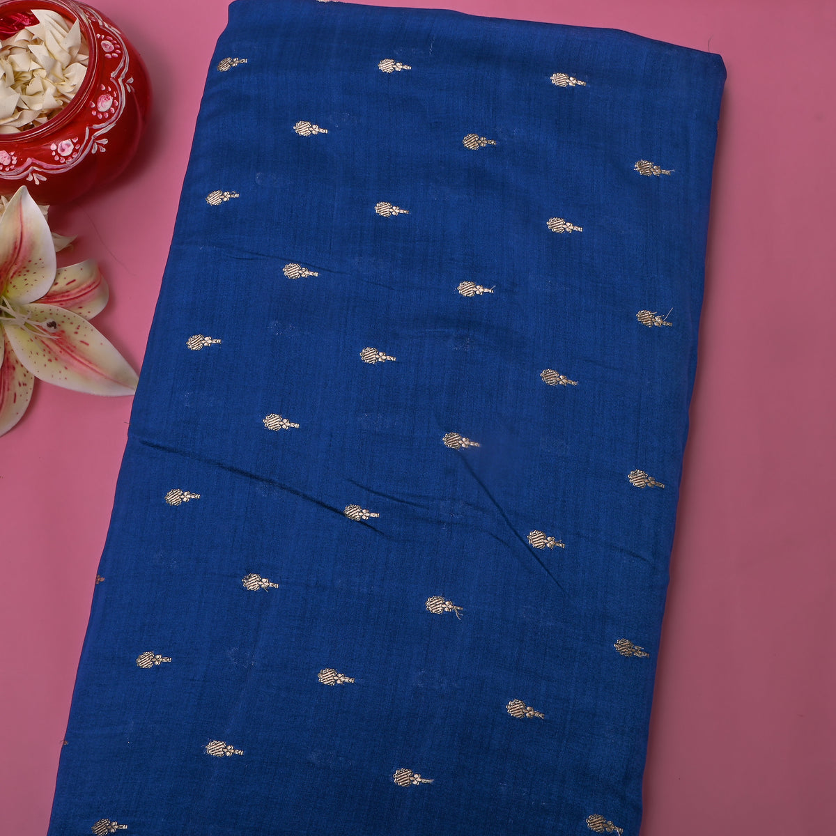 Midnight Navy Gold Zari Floral Motif Jamawar Silk Fabric