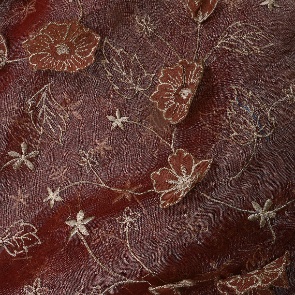 Brown Floral Applique Jaal Tissue Fabric