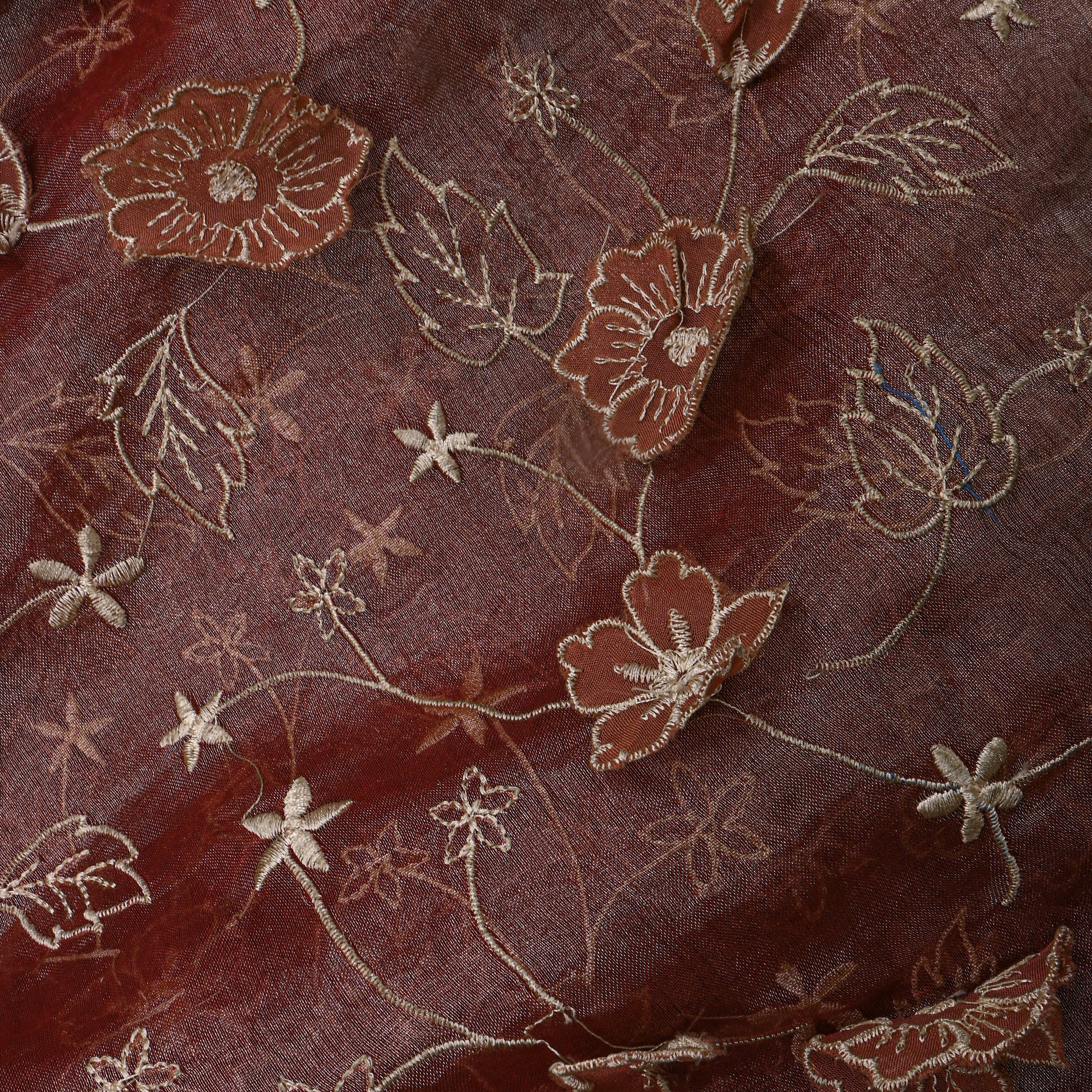Brown Tissue Fabric With Gold Appliqué Jaal