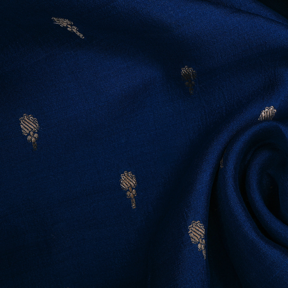 Midnight Navy Gold Zari Floral Motif Jamawar Silk Fabric