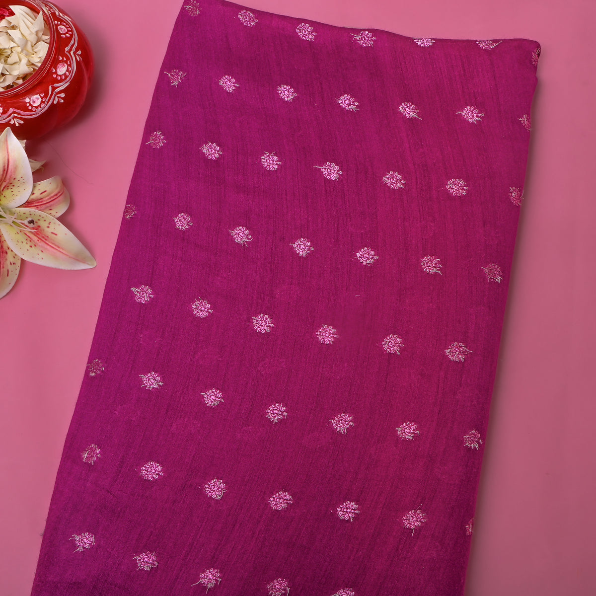 Aubergine Floral Butti Self Weave Jamawar Silk Fabric
