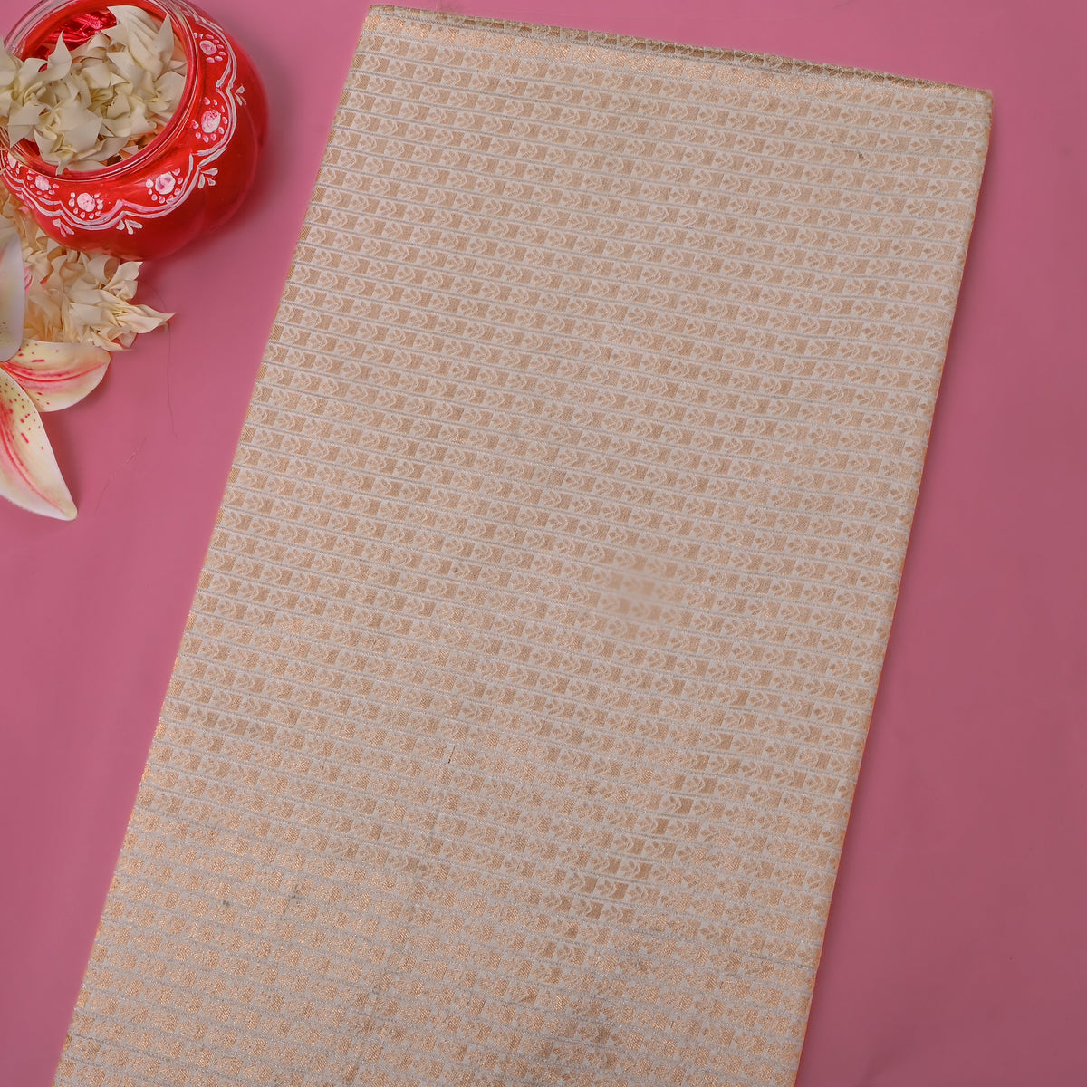 Ivory Gold Zari Butti Stripe Jamawar Silk Fabric