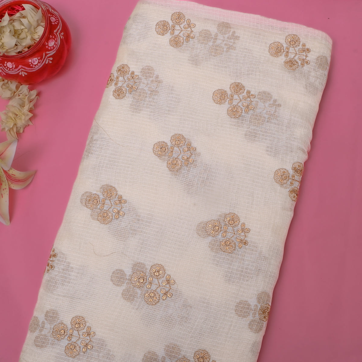 White Gold Sequin Butti Kota Doria Fabric