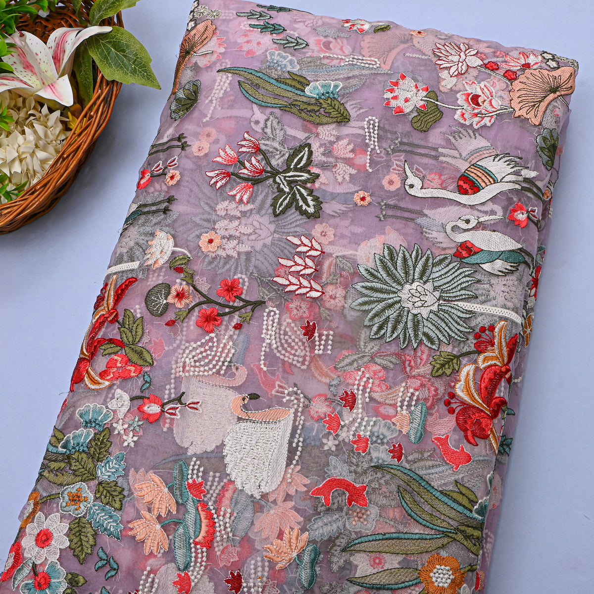 Lavender Thread Work Embroidery Organza Fabric