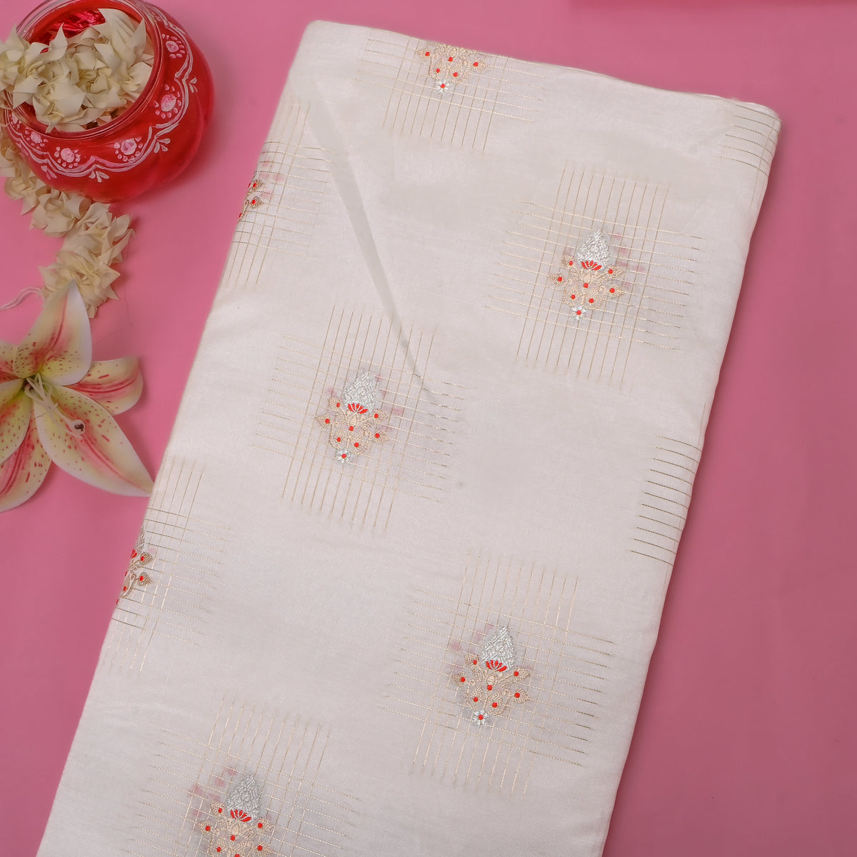 Ivory Jamawar Silk With Zari Checks And Red Silver Butti