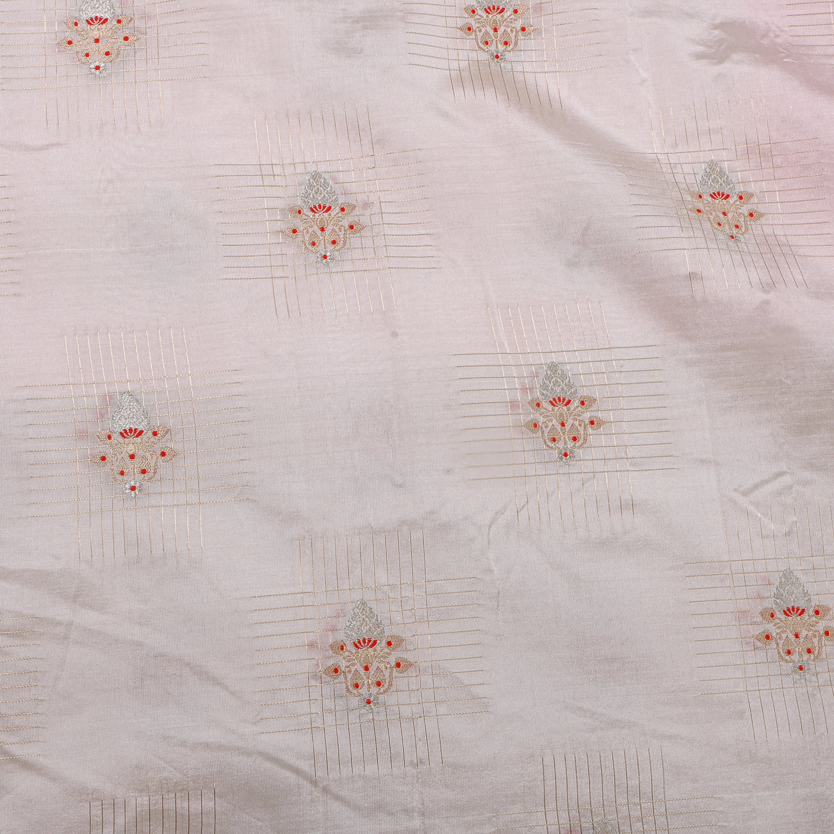 Ivory Jamawar Silk With Zari Checks And Red Silver Butti