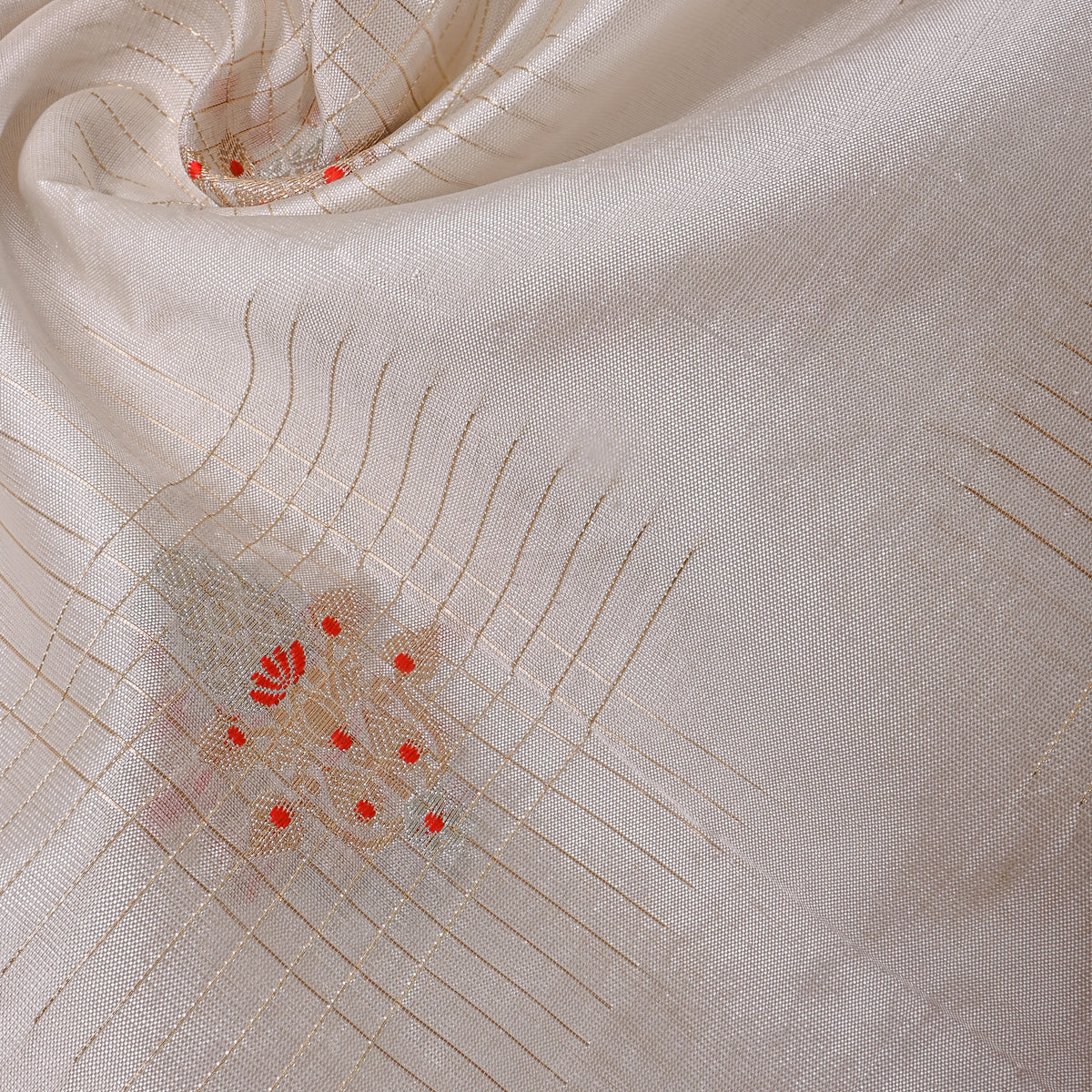 Ivory Jamawar Silk With Zari Checks And Red Silver Butti