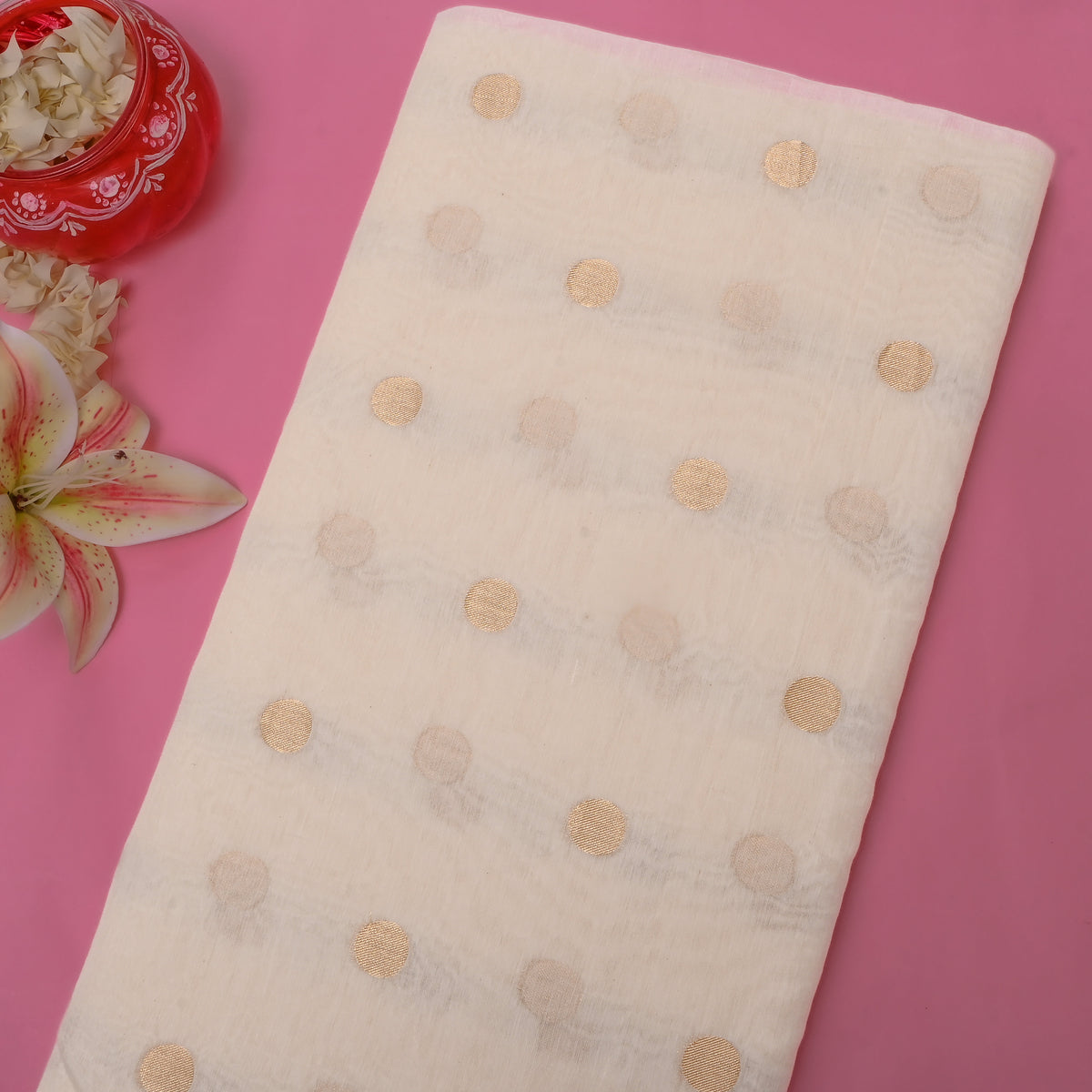 Champagne White Gold Zari Oval Butti Jamawar Tussar Fabric