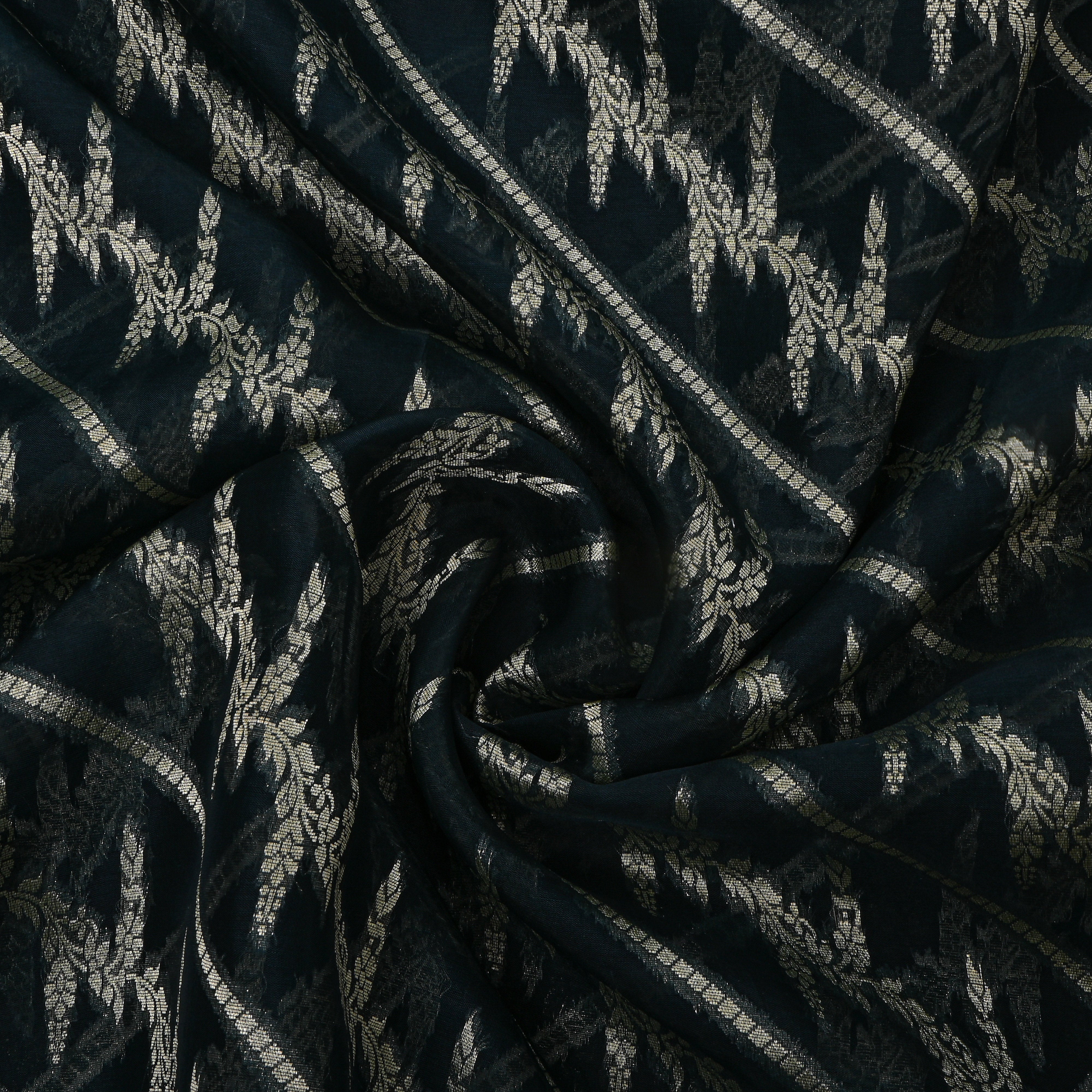Jet Black Zari Embroidery Jamawar Organza Fabric