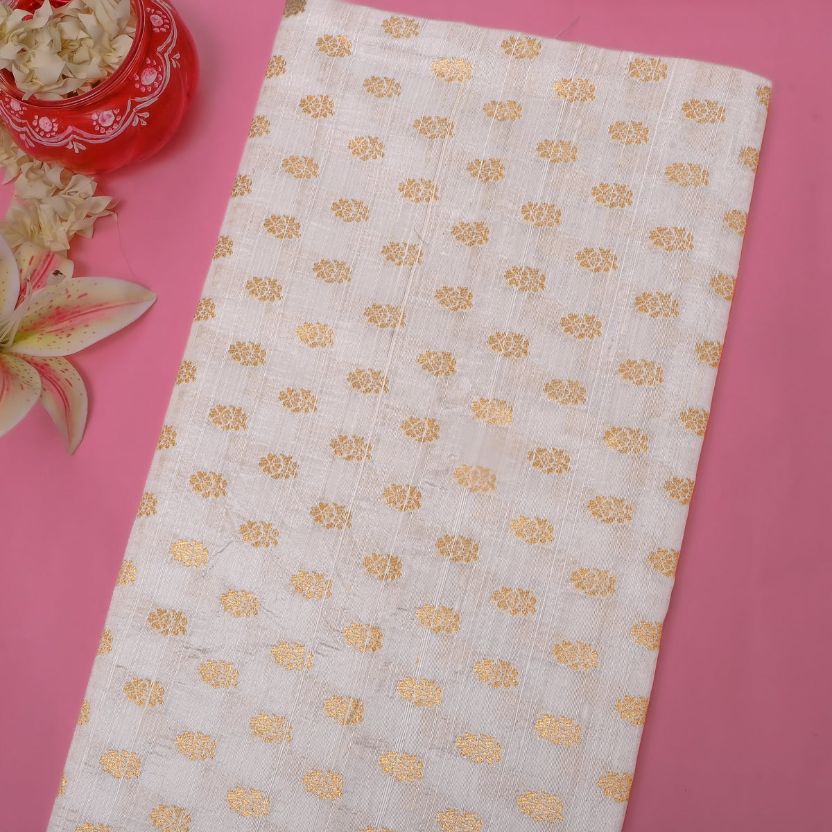 Ecru Gold Zari Butti Self Weave Jamawar Silk Fabric