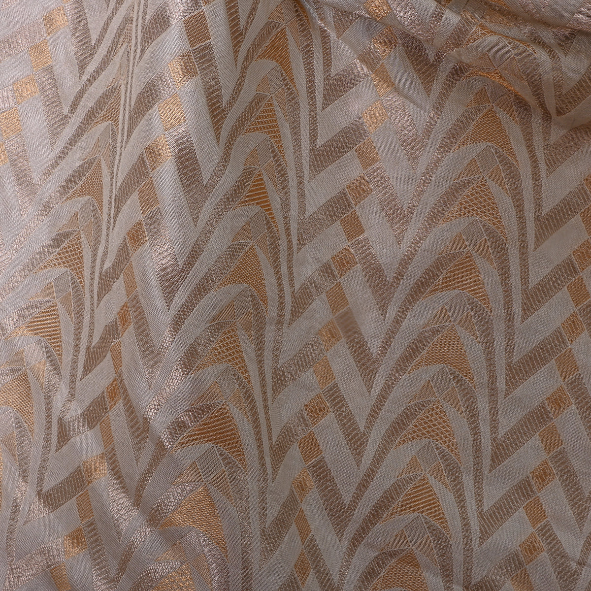 Pearl White Gold Zari Geometric Arch Jamawar Silk Fabric