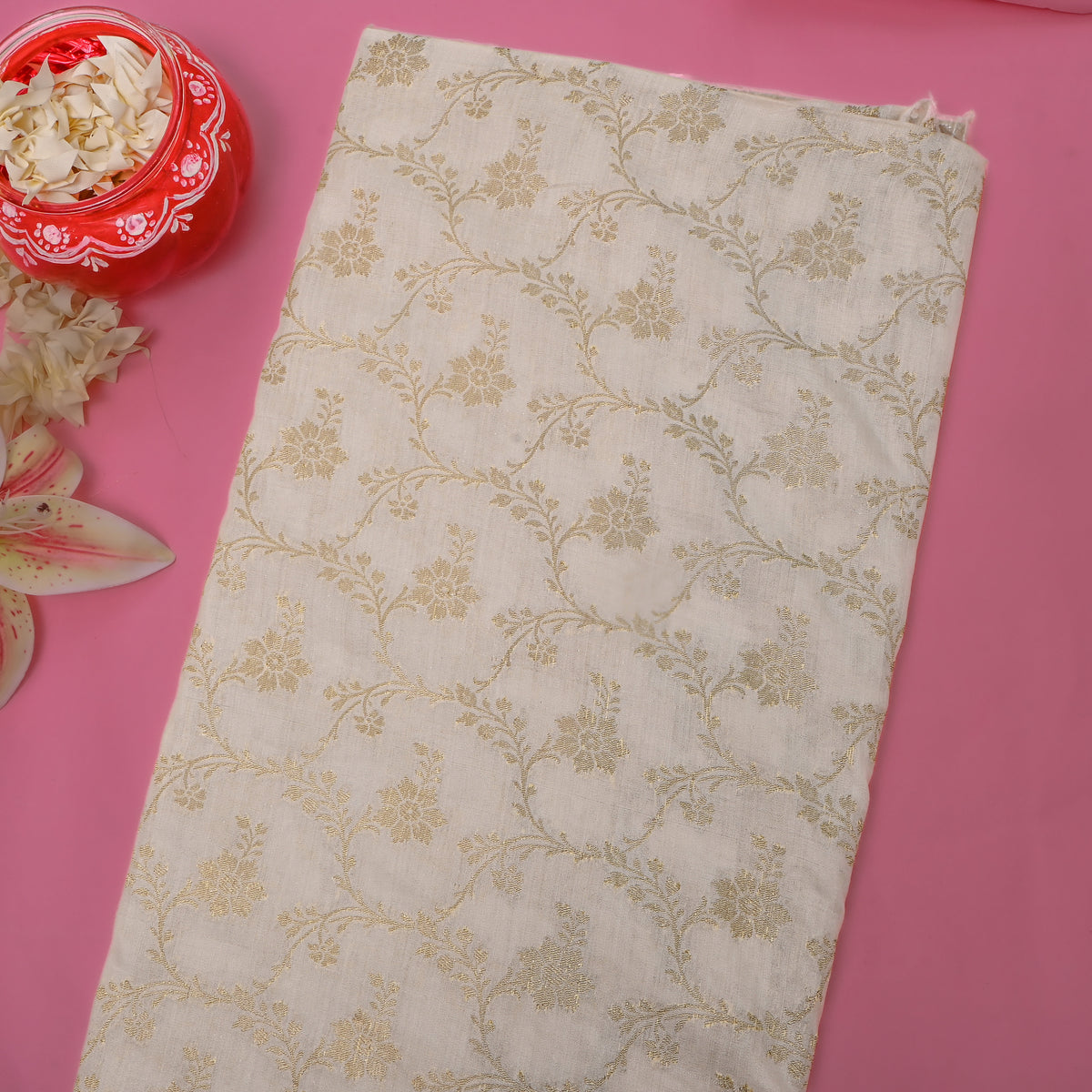 Ivory Gold Zari Floral Butti Jamawar Silk Fabric