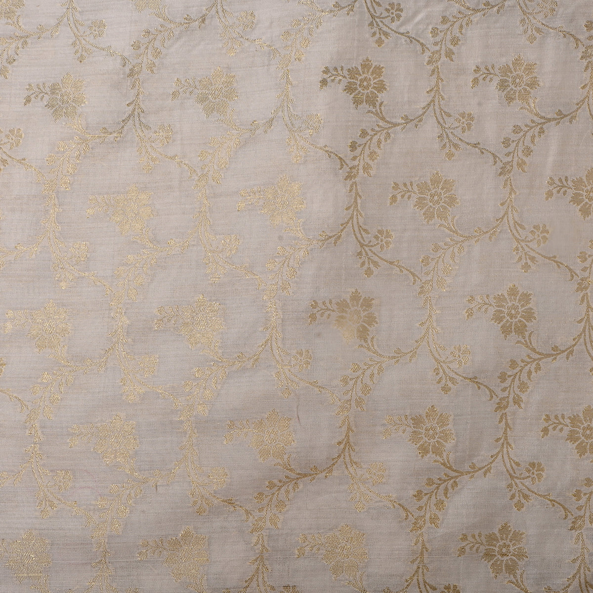 Ivory Gold Zari Floral Butti Jamawar Silk Fabric