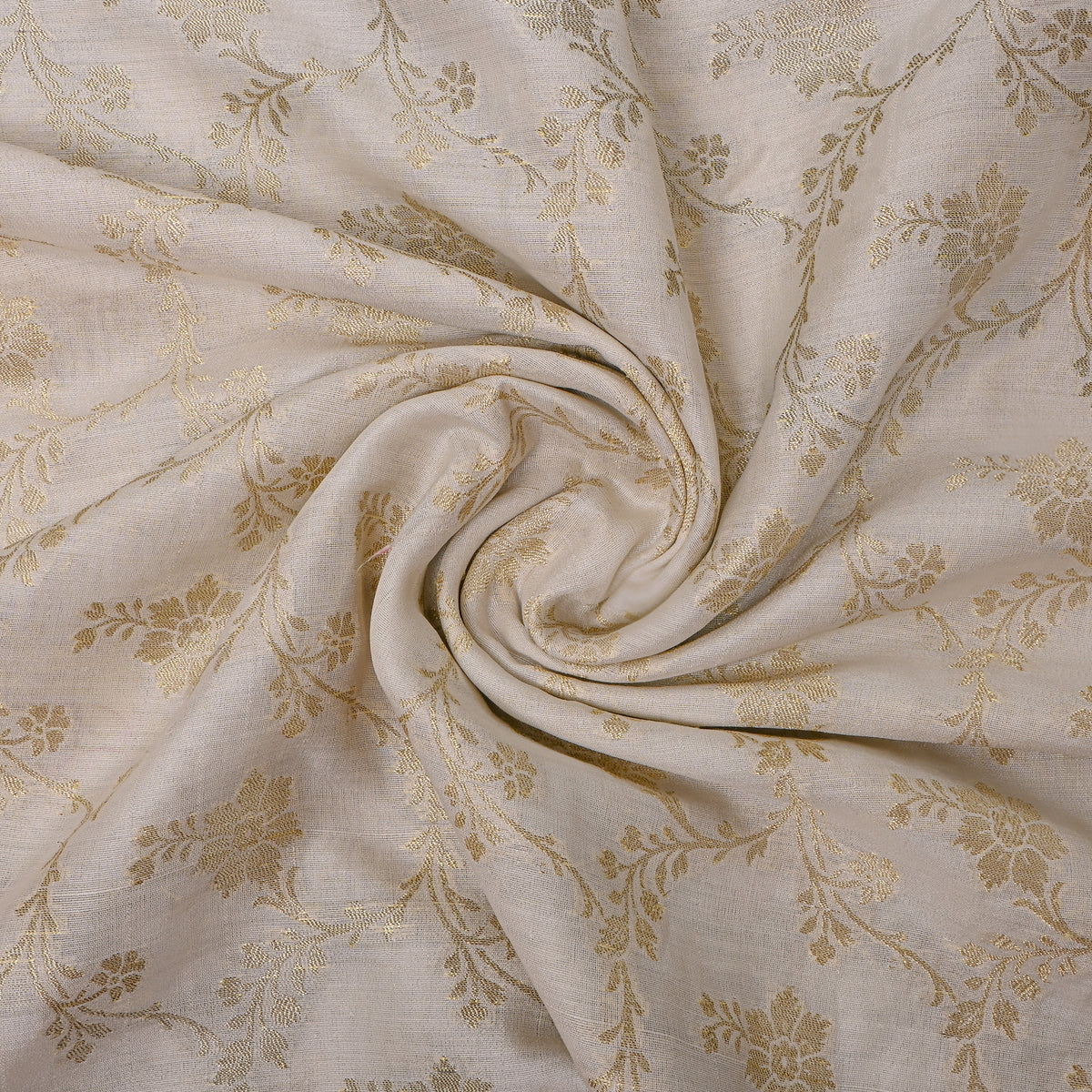 Ivory Gold Zari Floral Butti Jamawar Silk Fabric