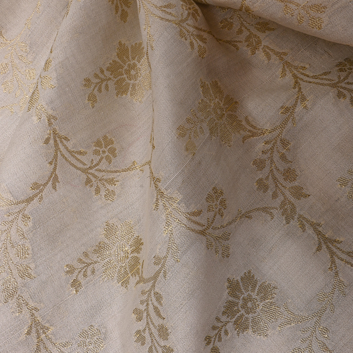 Ivory Gold Zari Floral Butti Jamawar Silk Fabric