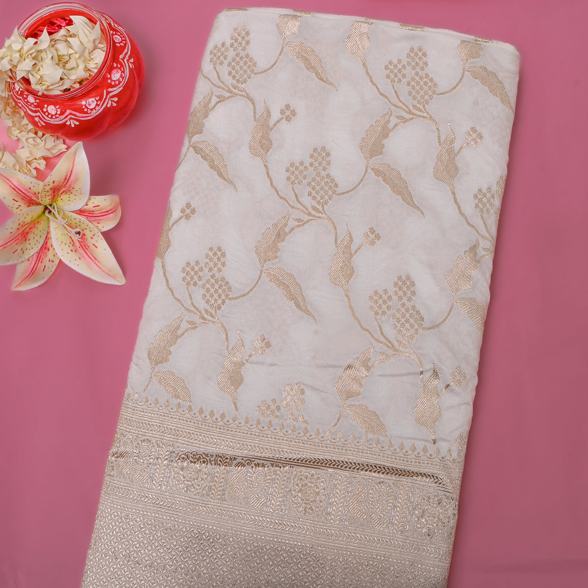 Talc Gold Zari Floral Jaal Broad Border Self Weave Jamawar Silk Fabric