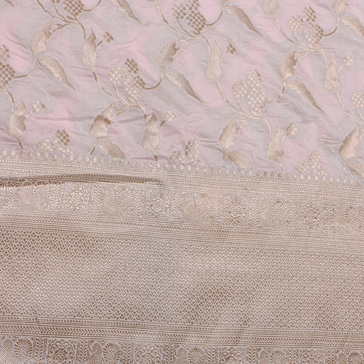 Talc Gold Zari Floral Jaal Broad Border Self Weave Jamawar Silk Fabric