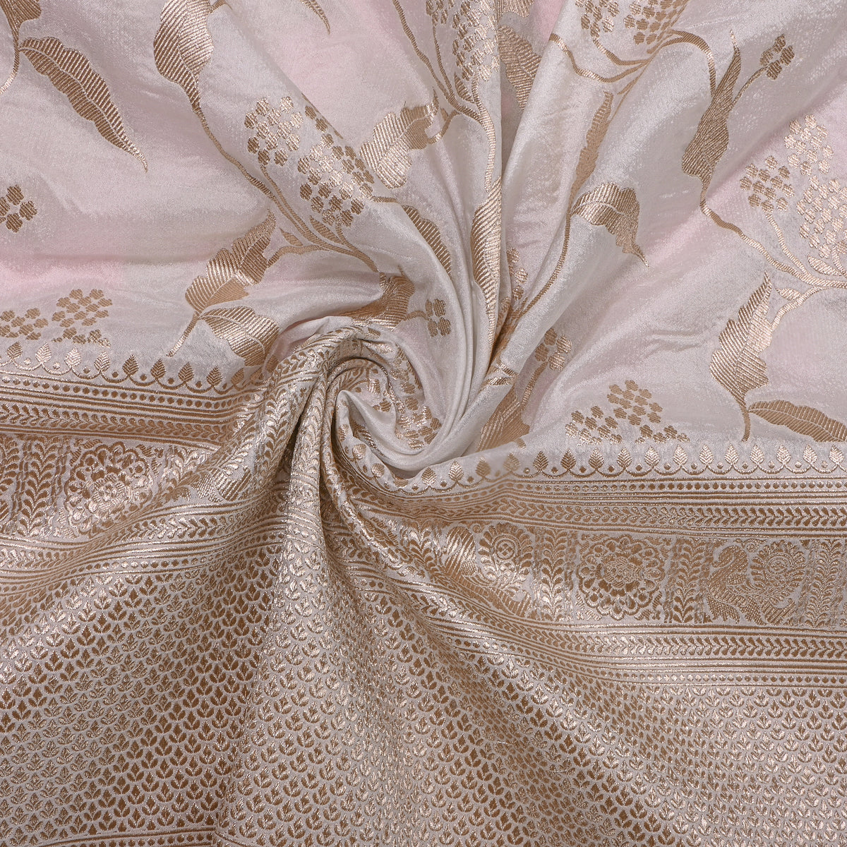 Talc Gold Zari Floral Jaal Broad Border Self Weave Jamawar Silk Fabric