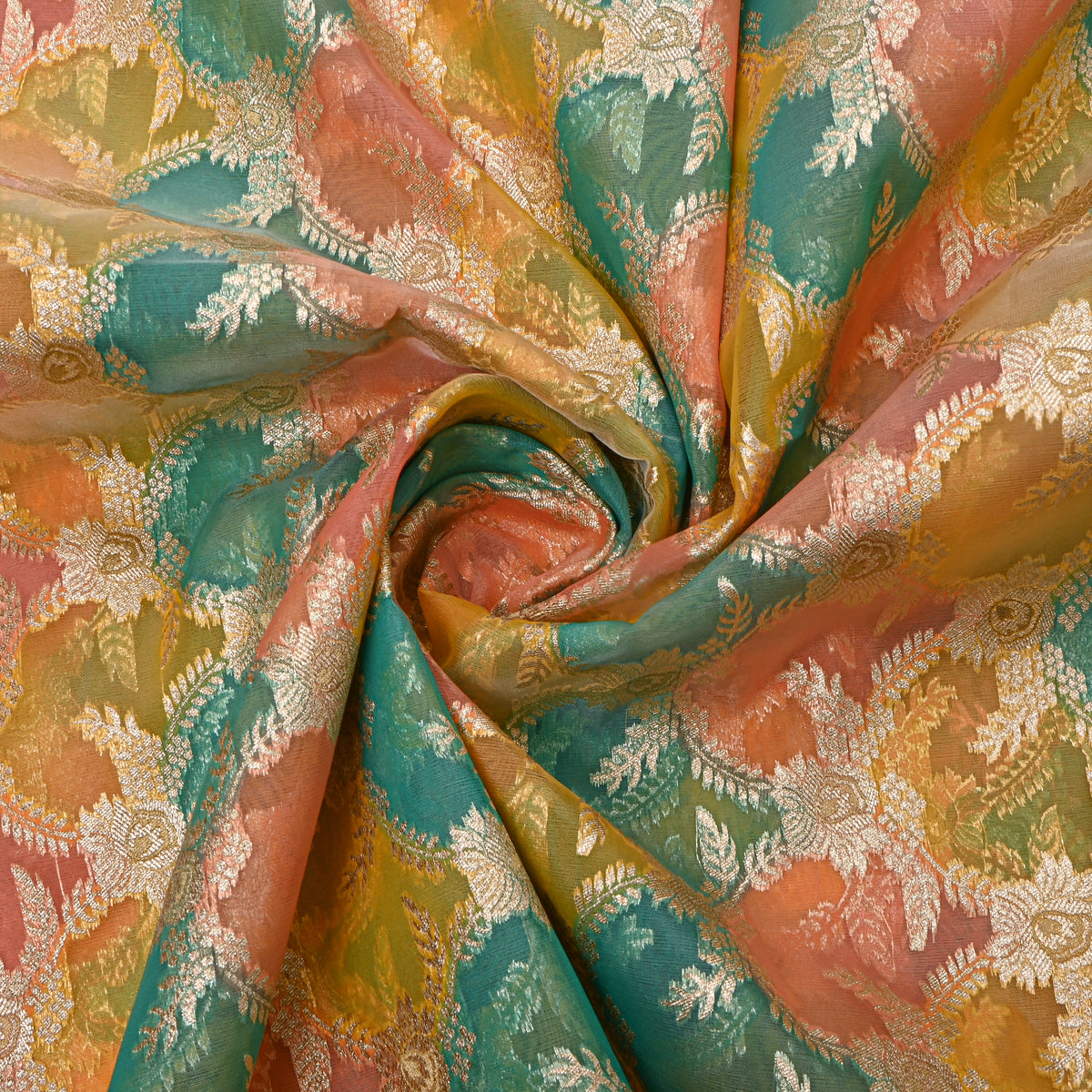 Coral-Teal Rangkat Weave Jamawar Organza