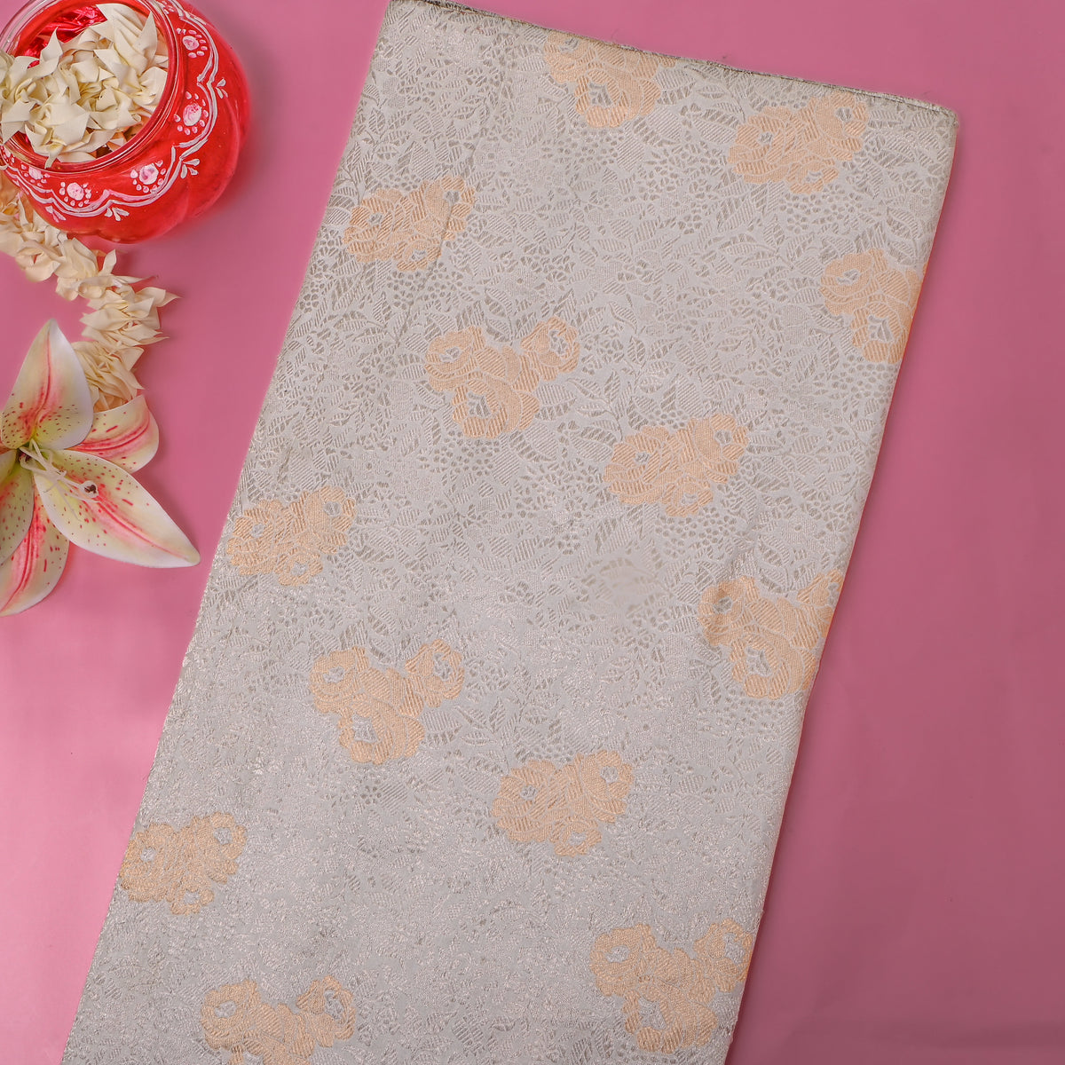 Silver Gold Floral Dual Tone Jamawar Silk Fabric
