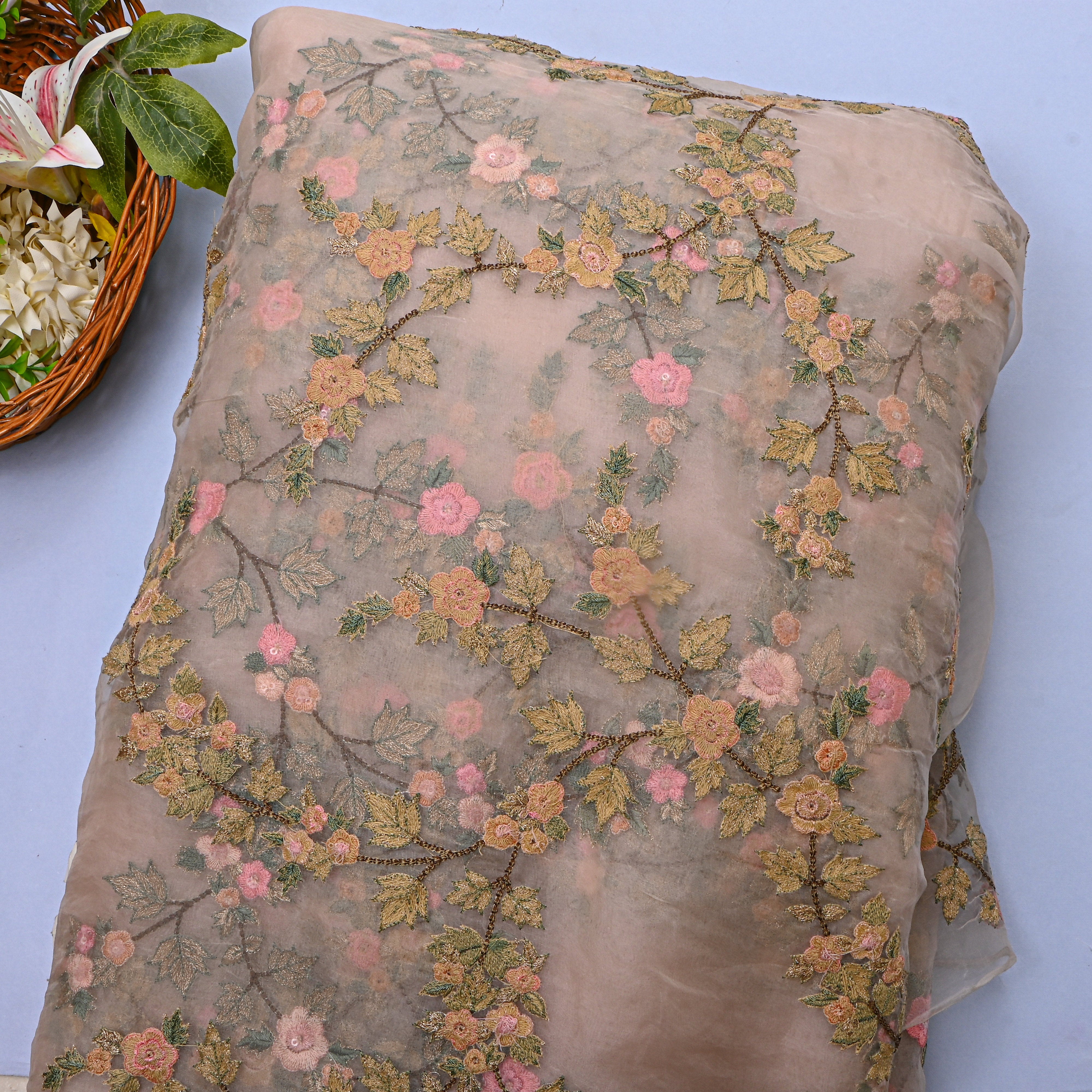 White And Multicolour Embroidery Organza Fabric