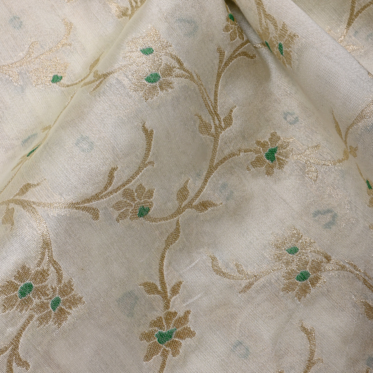 Buttermilk White Gold Zari Floral Jaal Jamawar Silk Fabric