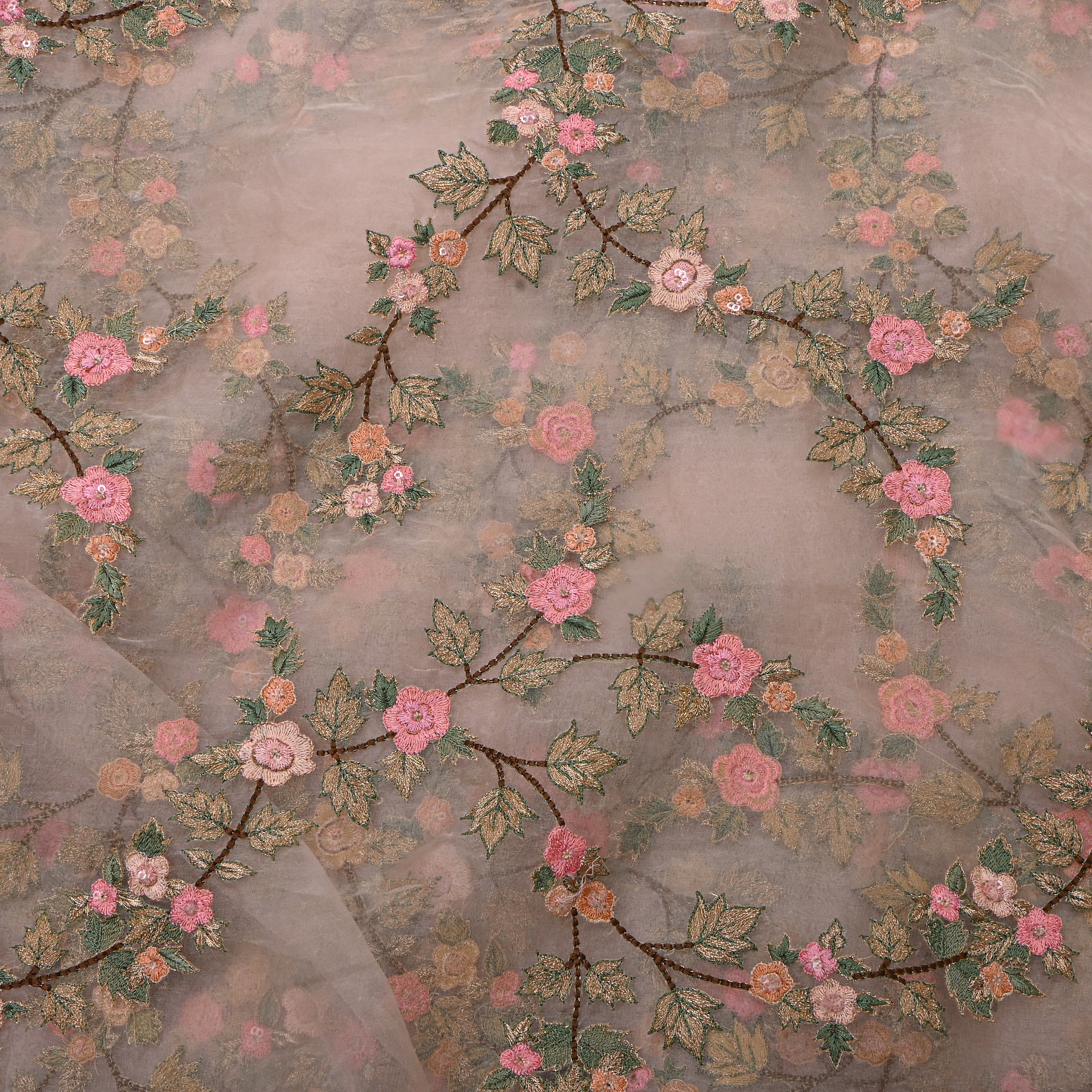 White And Multicolour Embroidery Organza Fabric