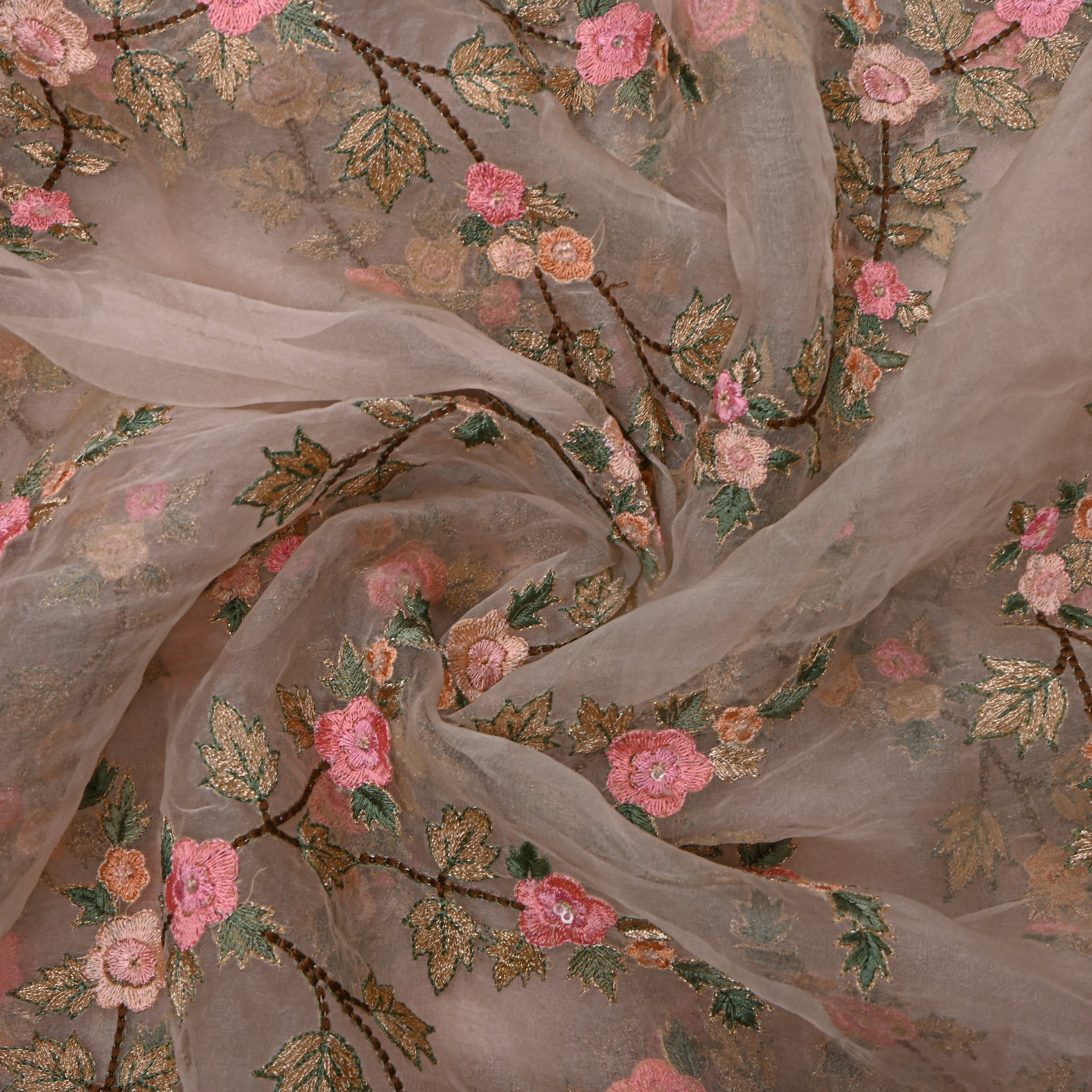 White And Multicolour Embroidery Organza Fabric