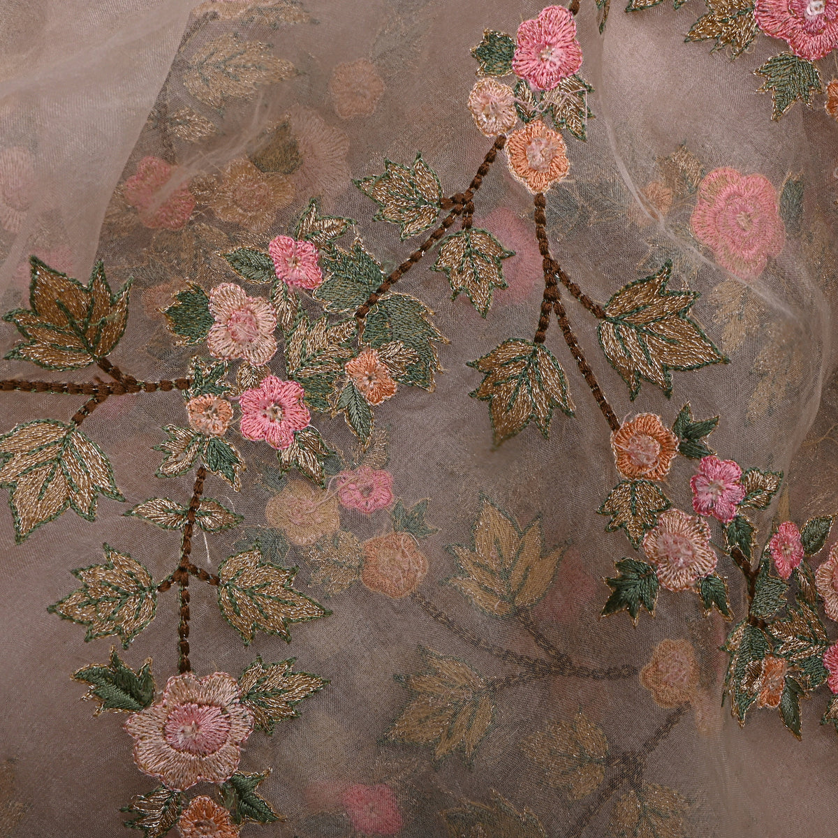 White And Multicolour Embroidery Organza Fabric