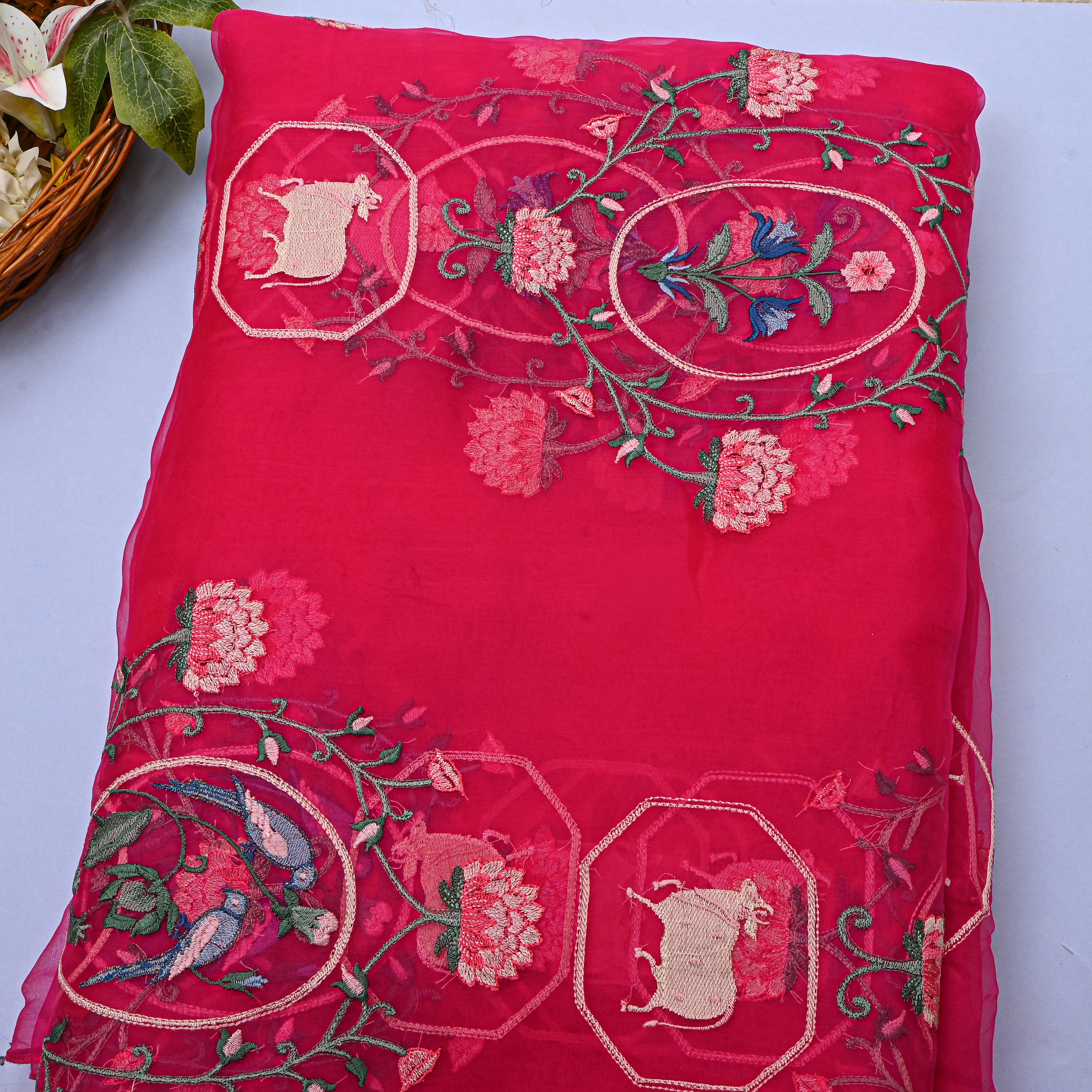 Bright Red Organza With Shikargah Thread Work