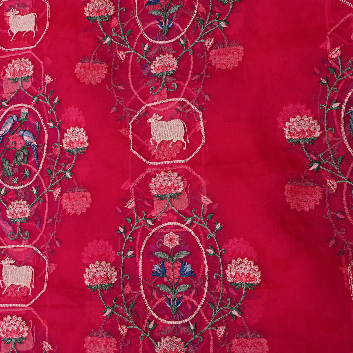 Bright Red Organza With Shikargah Thread Work